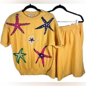 ST. JOHN SEPARATES Made in USA 🇺🇸 Starfish Print Knit Top‎ Sz M & Shorts Sz 10